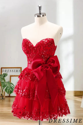 Dressime A Line Sweetheart Sequin Appliques Tiered Short/Mini Homecoming Dress With Bow dressime