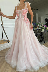 dressimeA-Line Sweetheart Tulle Applique Open Back Long with Flowers Prom Dresses 