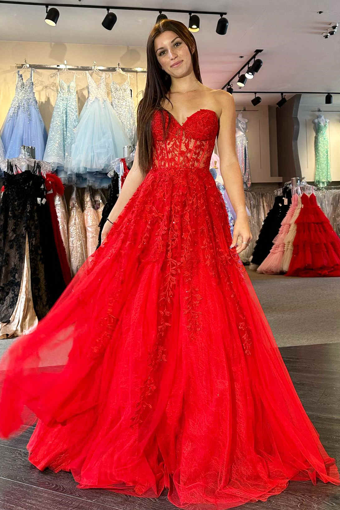 dressimeA-Line Sweetheart Tulle Corset Long Prom Dresses With Appliques 