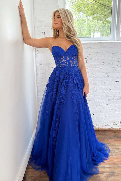 dressimeA-Line Sweetheart Tulle Corset Long Prom Dresses With Appliques 