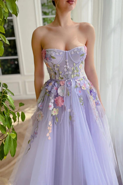 Dressime A Line Sweetheart Tulle Long Evening Dresses Prom Dresses With 3D Flower dressime