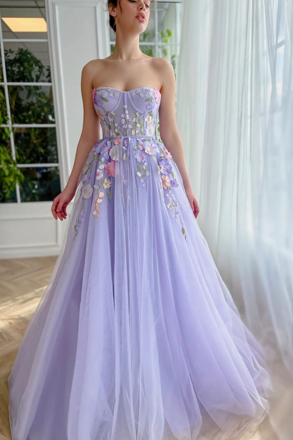 Dressime A Line Sweetheart Tulle Long Evening Dresses Prom Dresses With 3D Flower dressime