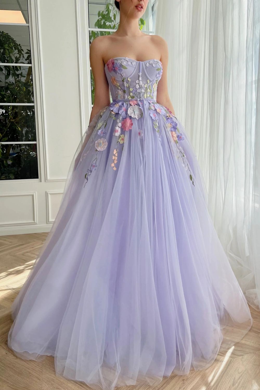 Dressime A Line Sweetheart Tulle Long Evening Dresses Prom Dresses With 3D Flower dressime