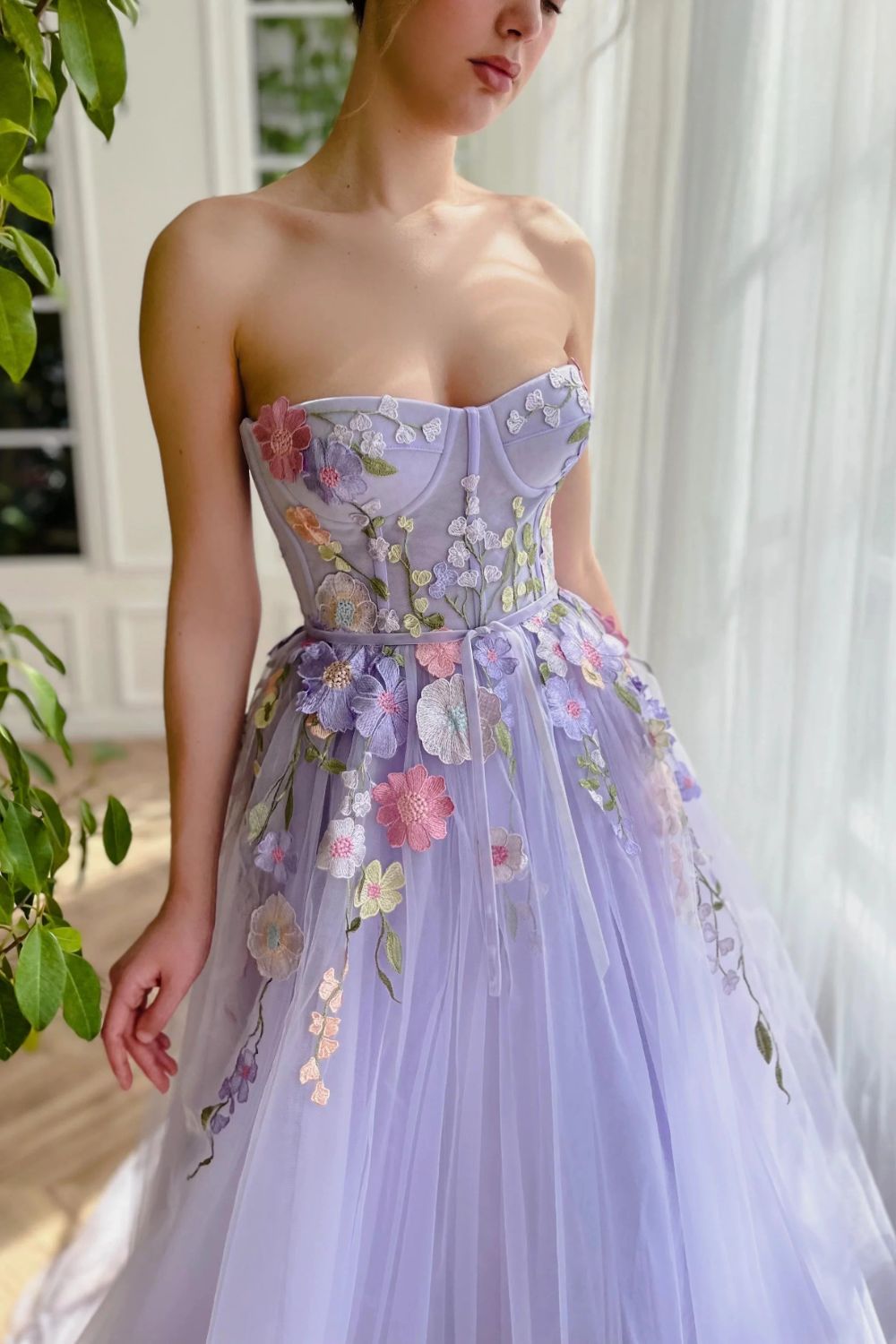 Dressime A Line Sweetheart Tulle Long Evening Dresses Prom Dresses With 3D Flower dressime