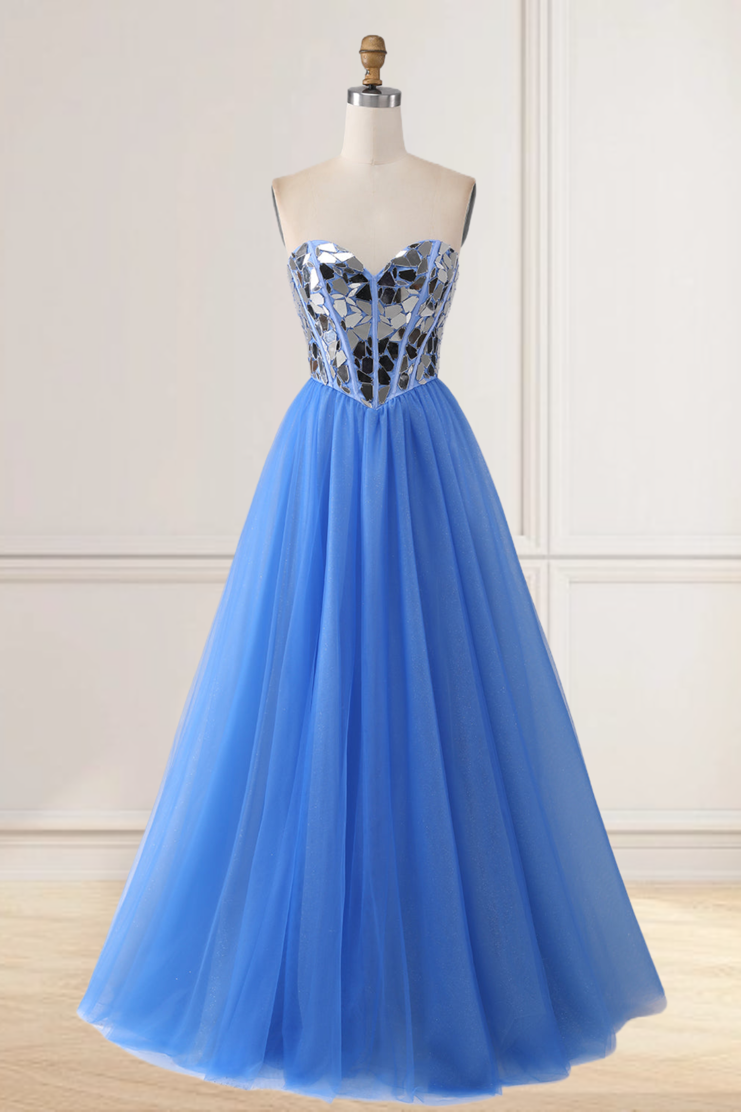 Dressime A Line Sweetheart Tulle Long Prom Dress with Broken Mirrors dressime