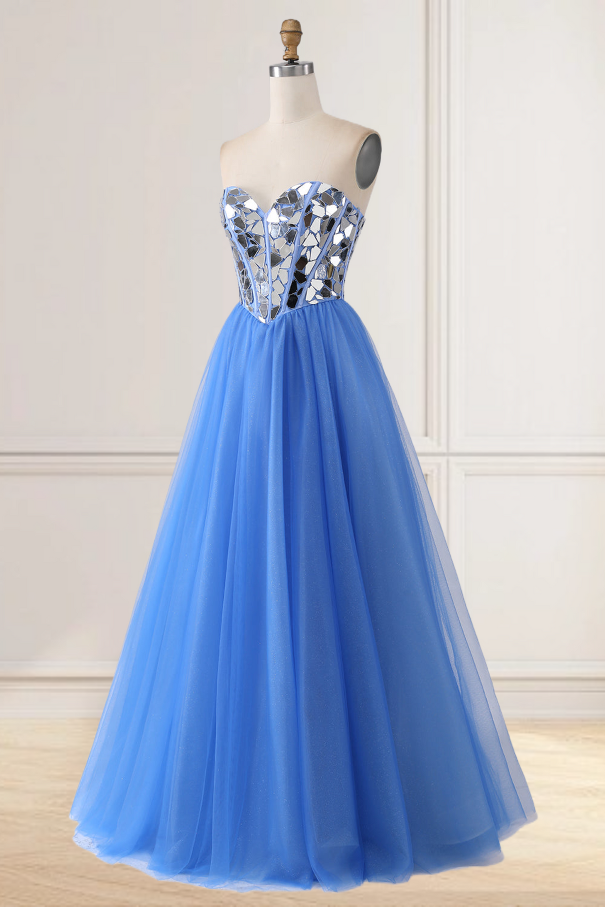 Dressime A Line Sweetheart Tulle Long Prom Dress with Broken Mirrors dressime