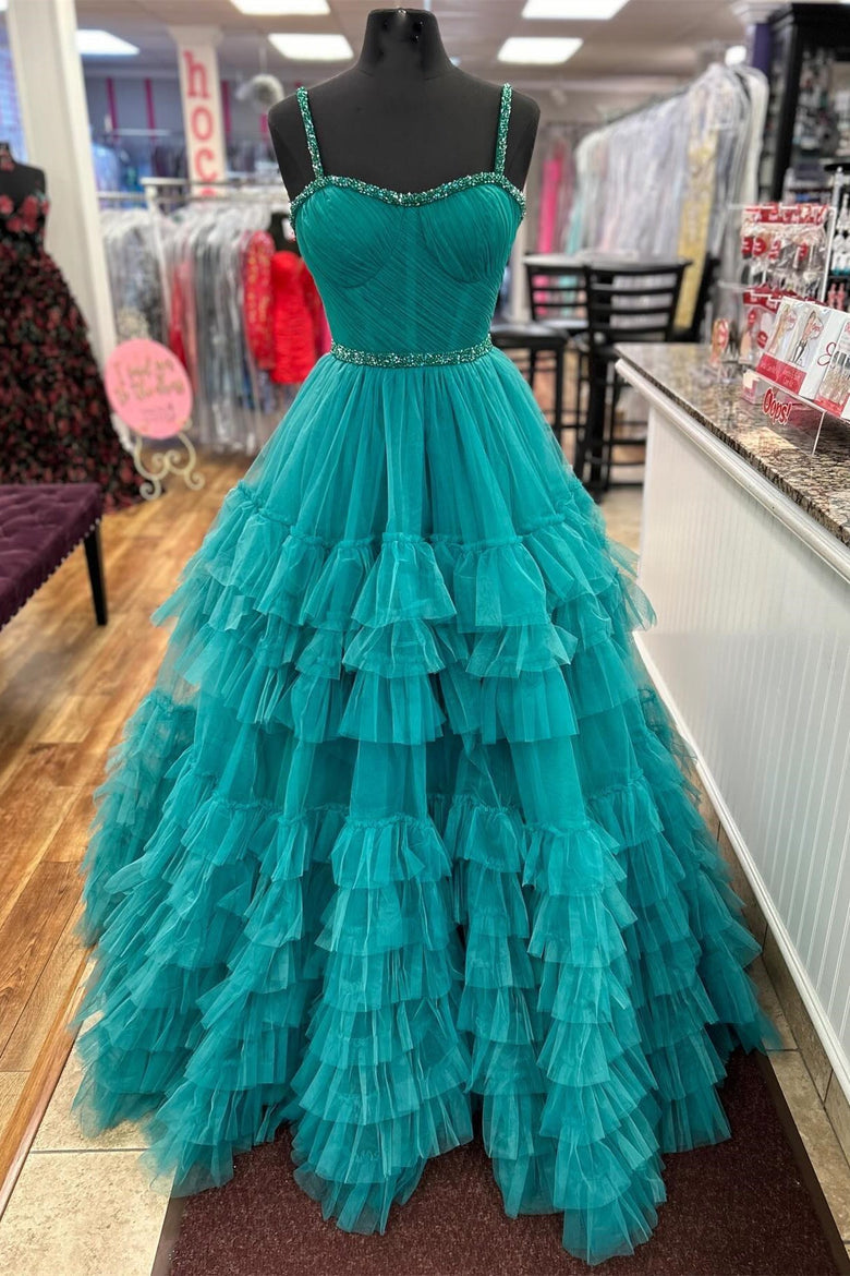 Dressime A Line Sweetheart Tulle Tiered Ruffle Beaded Long Prom Dress dressime