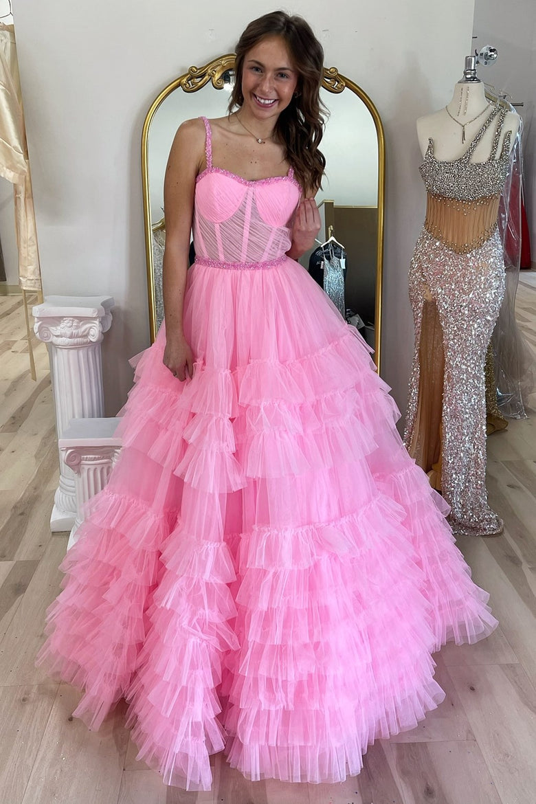 Dressime A Line Sweetheart Tulle Tiered Ruffle Beaded Long Prom Dress dressime