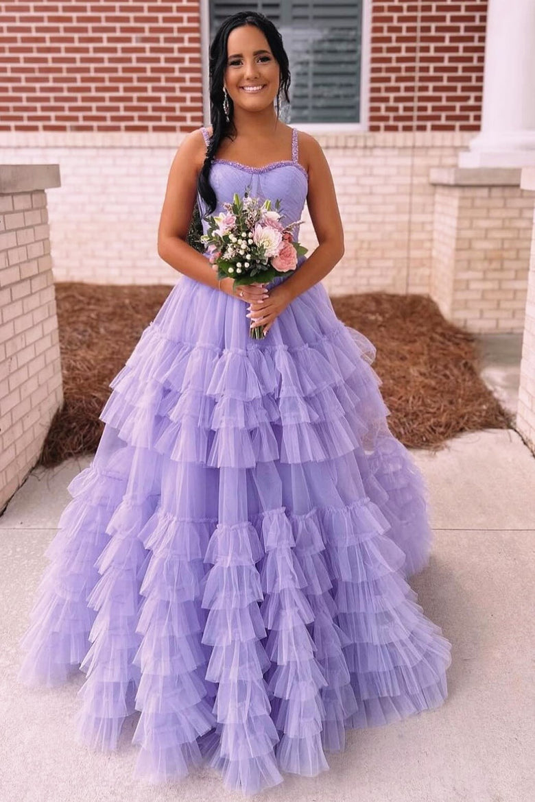 Dressime A Line Sweetheart Tulle Tiered Ruffle Beaded Long Prom Dress dressime