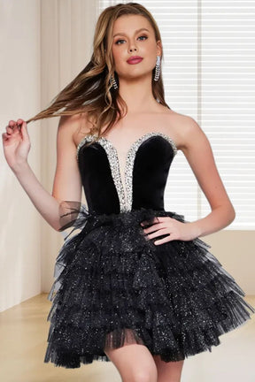 Dressime A Line Sweetheart Tulle Tiered Short/Mini Homecoming Dress With Rhinestones dressime