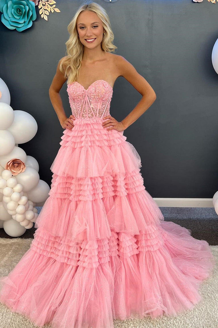 dressimeA Line Tiered Sweetheart Strapless Tulle Prom Dresses 