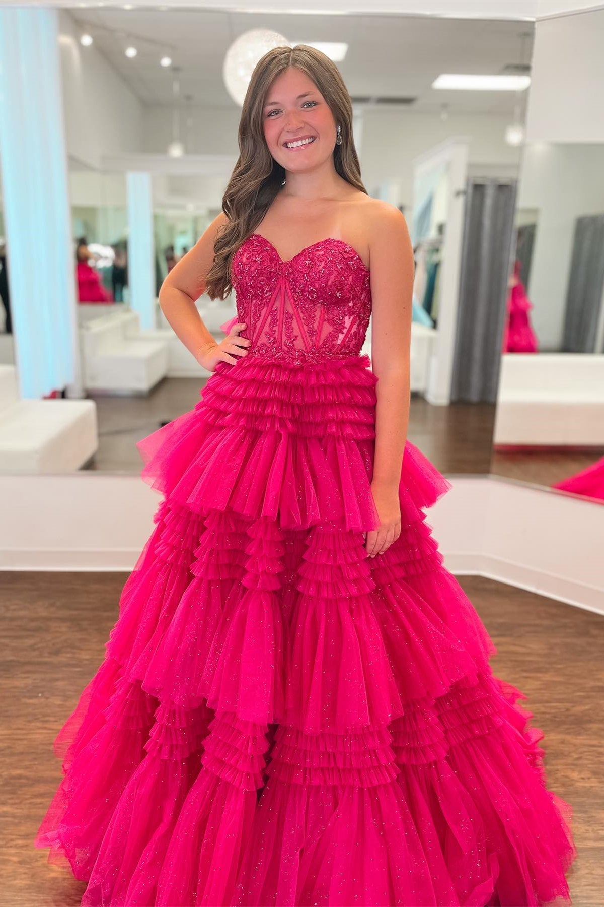 dressimeA Line Tiered Sweetheart Strapless Tulle Prom Dresses 