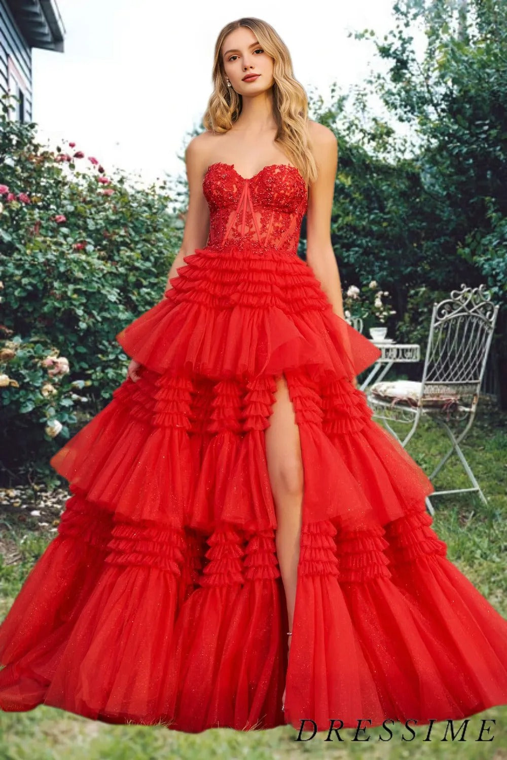 Dressime A Line Tiered Sweetheart Strapless Tulle Prom Dresses dressime