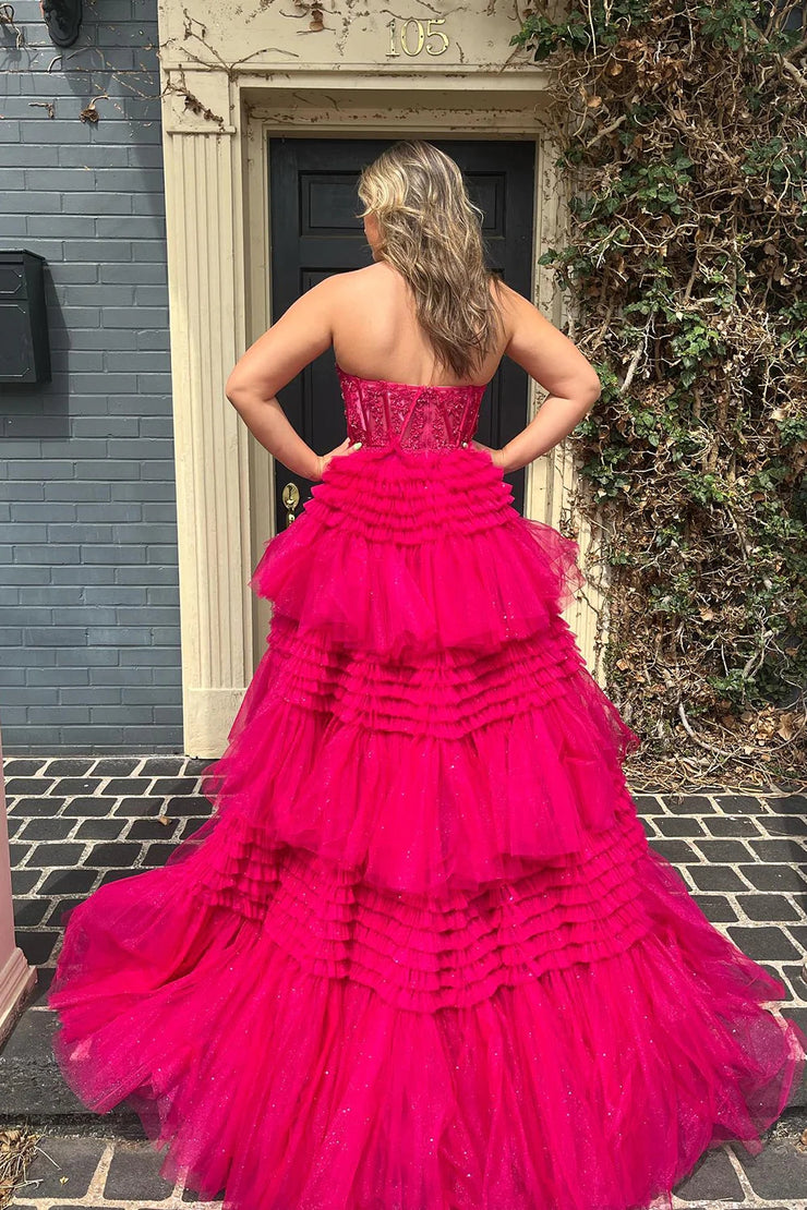 dressimeA Line Tiered Sweetheart Strapless Tulle Prom Dresses 