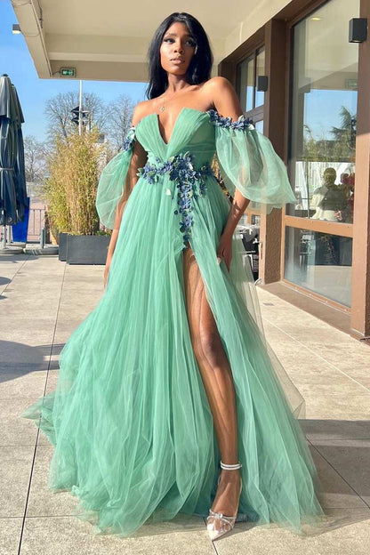 Dressime A Line Tulle 3D Floral Lace Off-the-Shoulder Long Prom Dress dressime