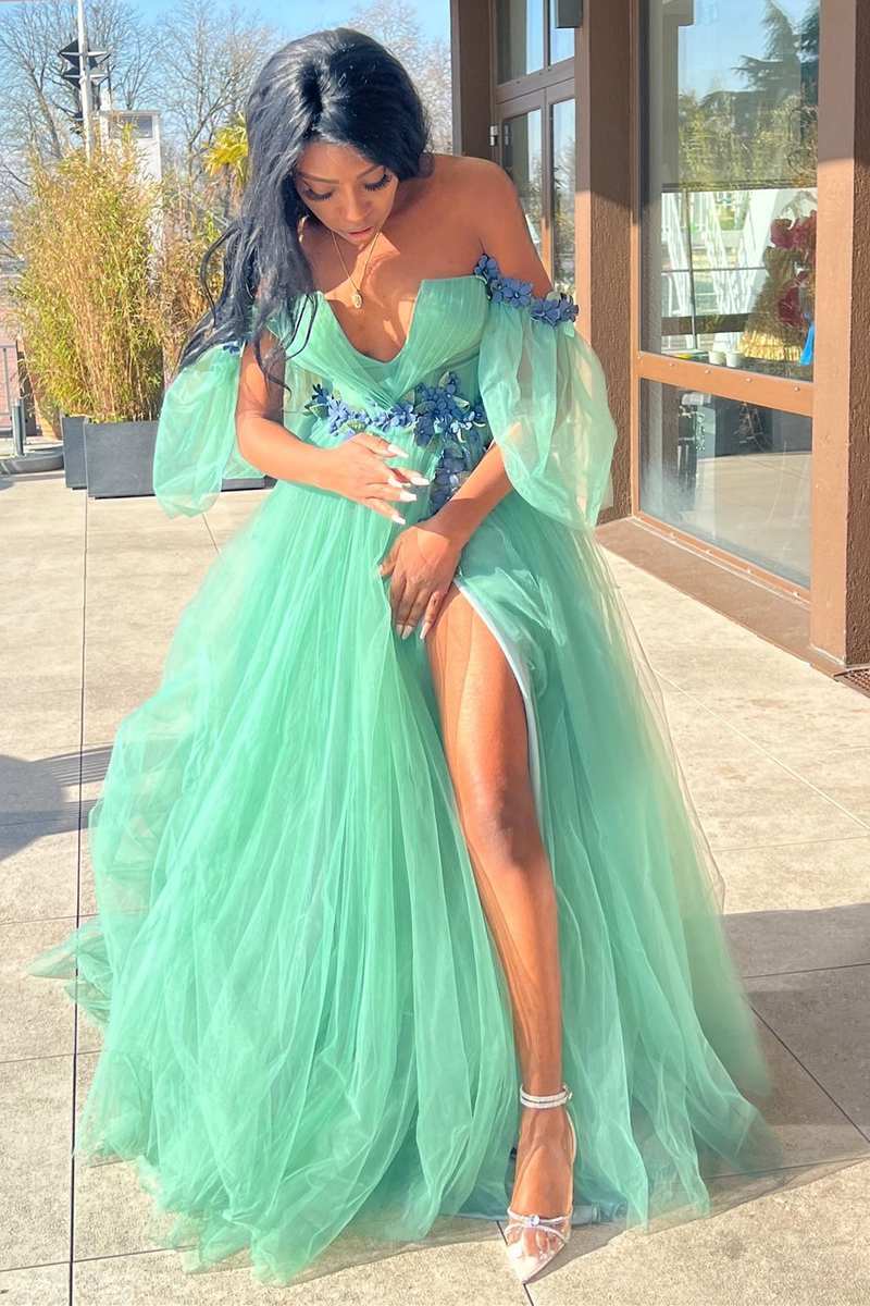 Dressime A Line Tulle 3D Floral Lace Off-the-Shoulder Long Prom Dress dressime