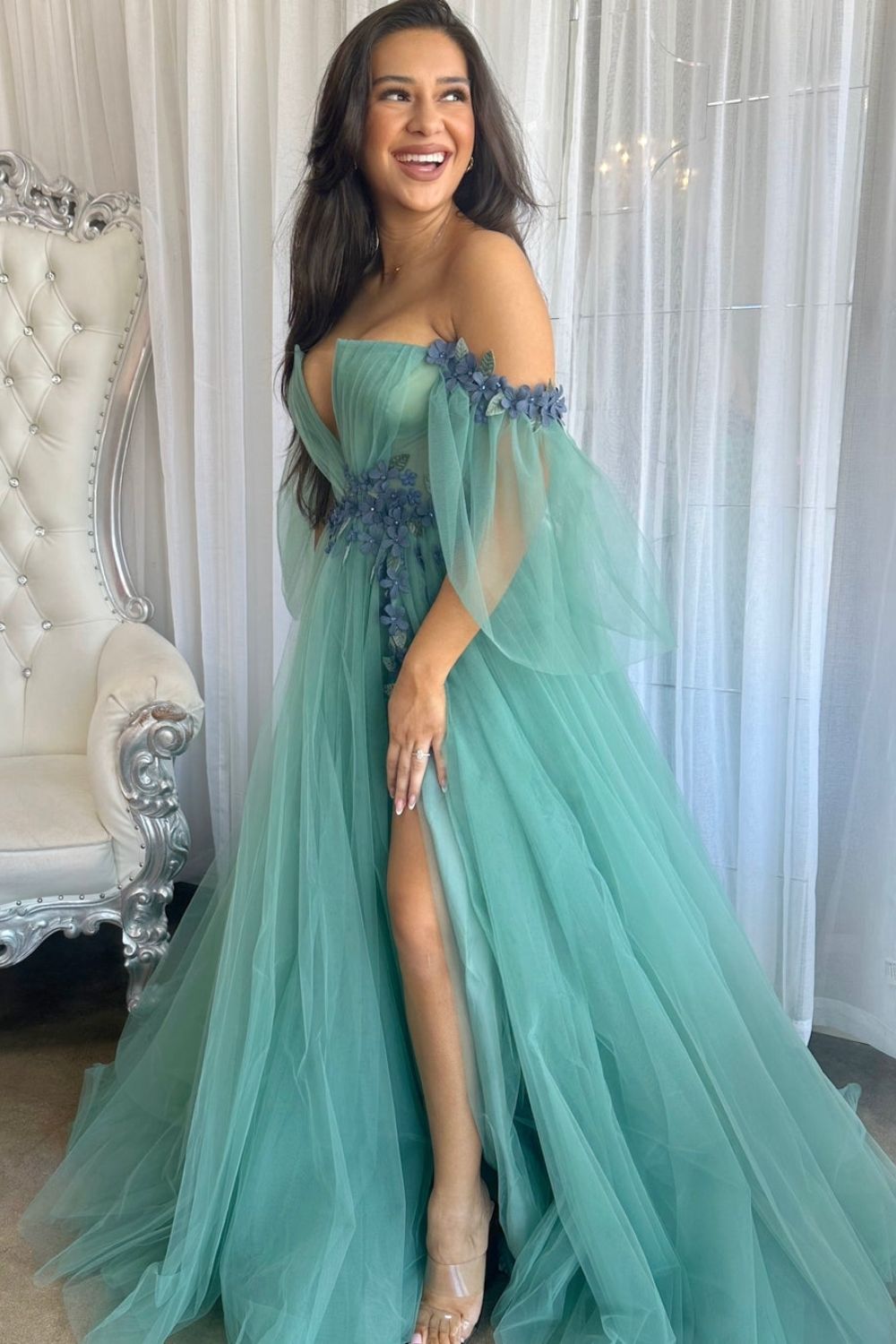 Dressime A Line Tulle 3D Floral Lace Off-the-Shoulder Long Prom Dress dressime