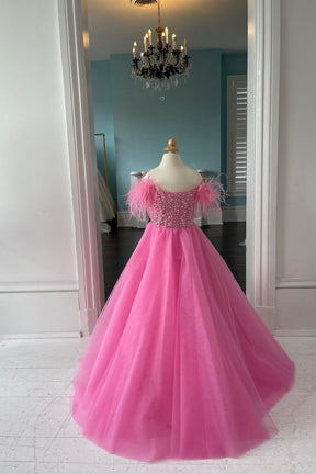 Dressime A Line Tulle Cold-Shoulder Feather Long Girl Pageant Dress With Beaded dressime