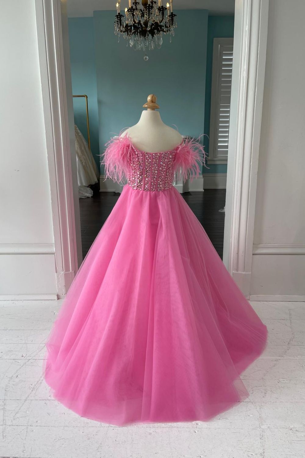 Dressime A Line Tulle Cold-Shoulder Feather Long Girl Pageant Dress With Beaded dressime