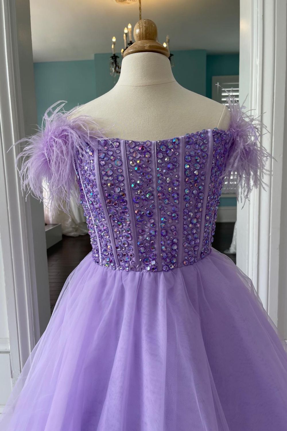 Dressime A Line Tulle Cold-Shoulder Feather Long Girl Pageant Dress With Beaded dressime