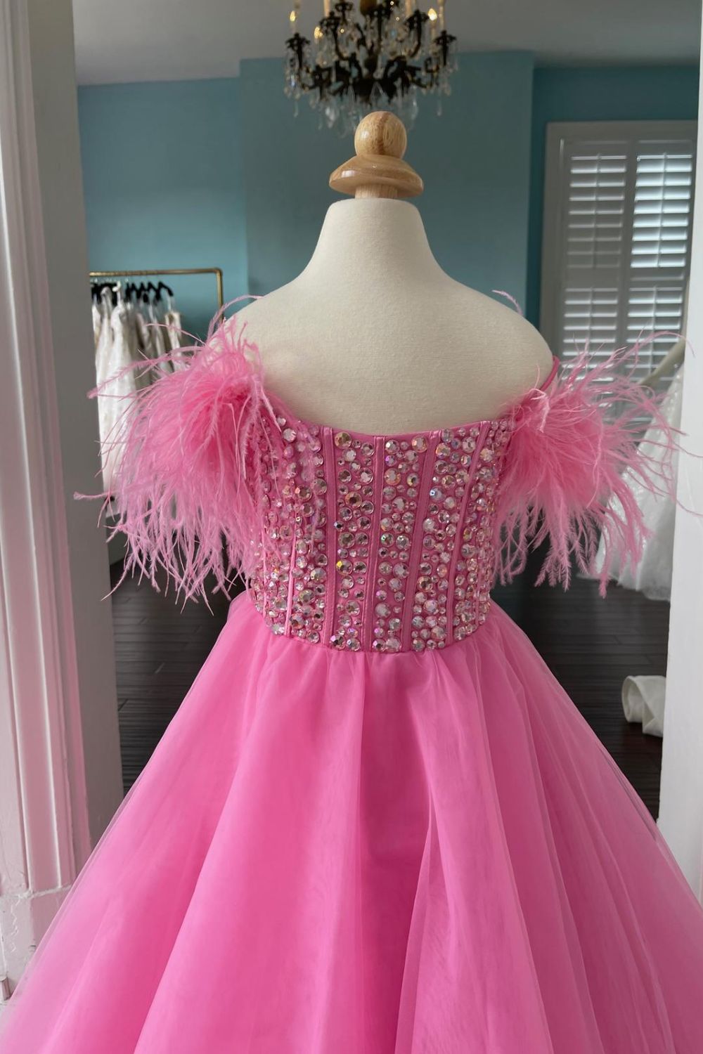 Dressime A Line Tulle Cold-Shoulder Feather Long Girl Pageant Dress With Beaded dressime