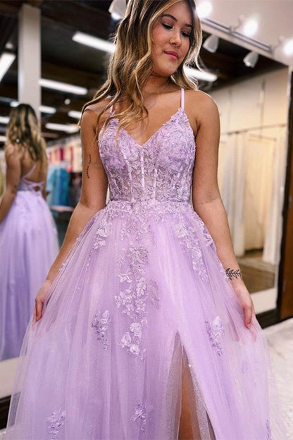 dressimeA Line Tulle Lace Appliques Purple V Neck Prom Dresses Cheap Evening Dresses 