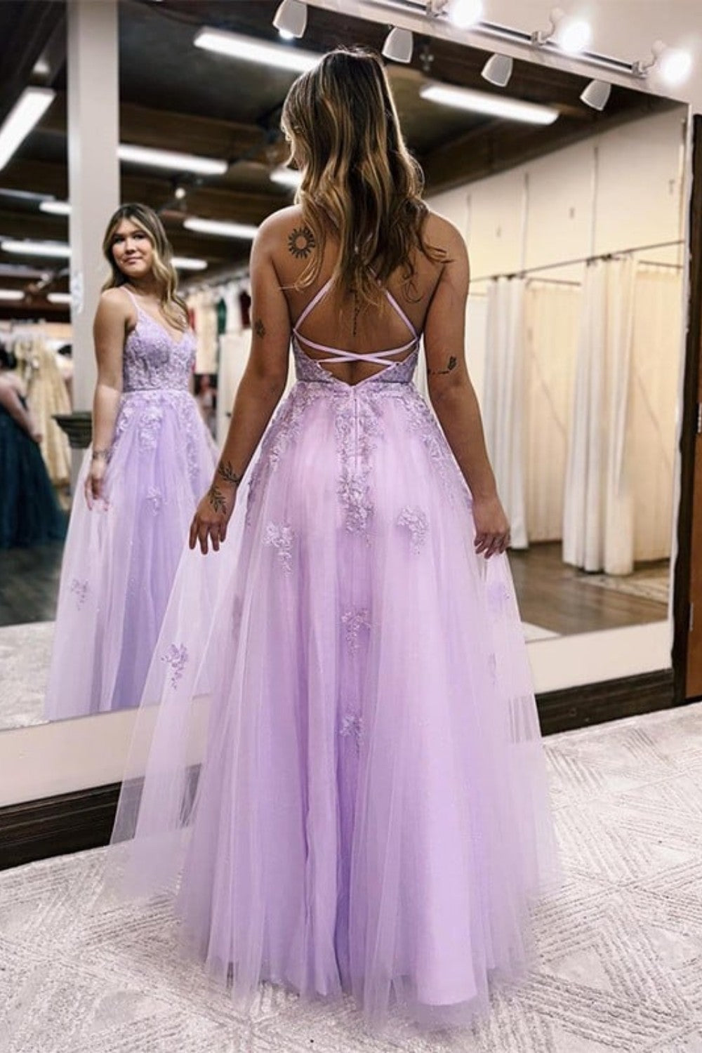 dressimeA Line Tulle Lace Appliques Purple V Neck Prom Dresses Cheap Evening Dresses 