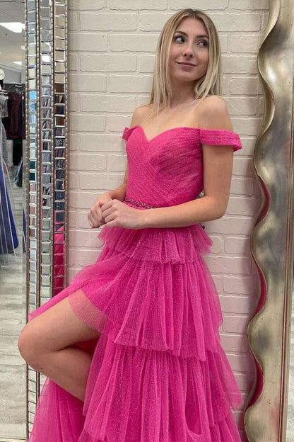 dressimeA Line Tulle Off The Shoulder Tiered Prom Dress With Slit 