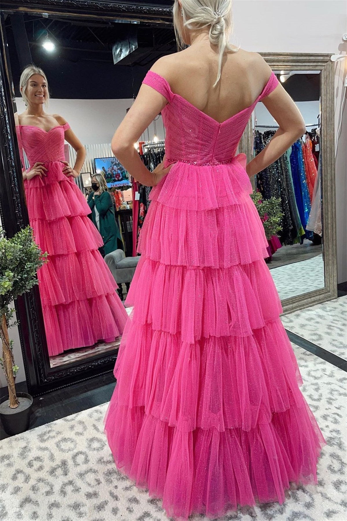 dressimeA Line Tulle Off The Shoulder Tiered Prom Dress With Slit 