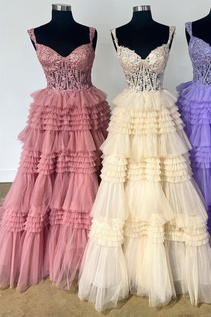 Dressime A Line Tulle Off-the-Shoulder Ruffle Tiered Long Prom Dress dressime