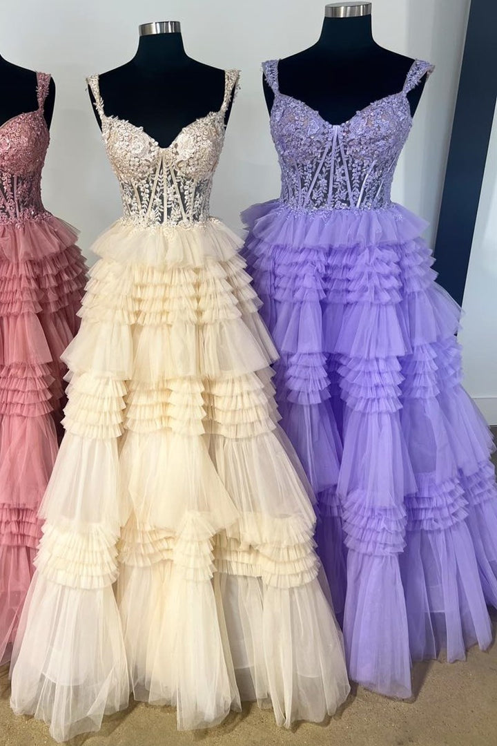 Dressime A Line Tulle Off-the-Shoulder Ruffle Tiered Long Prom Dress dressime