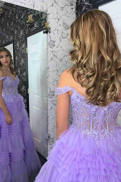 Dressime A Line Tulle Off-the-Shoulder Ruffle Tiered Long Prom Dress dressime