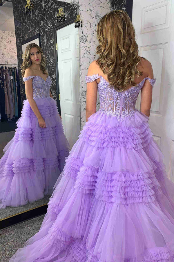 Dressime A Line Tulle Off-the-Shoulder Ruffle Tiered Long Prom Dress dressime