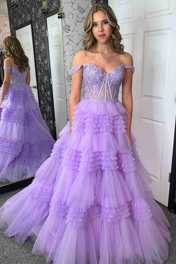 Dressime A Line Tulle Off-the-Shoulder Ruffle Tiered Long Prom Dress dressime