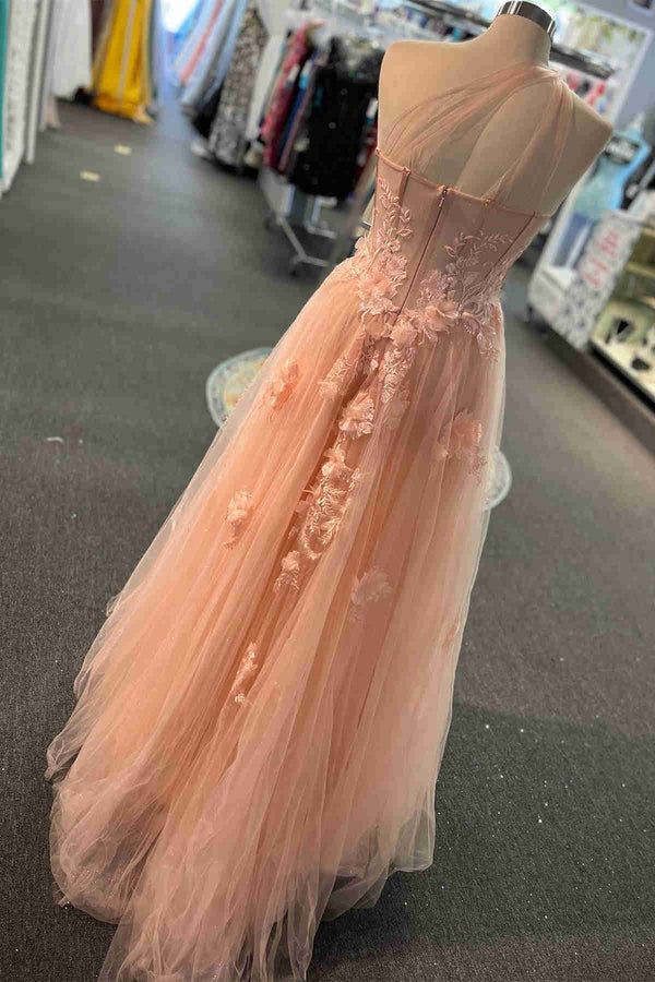 dressimeA Line Tulle One Shoulder Long Prom Dress with Appliques 