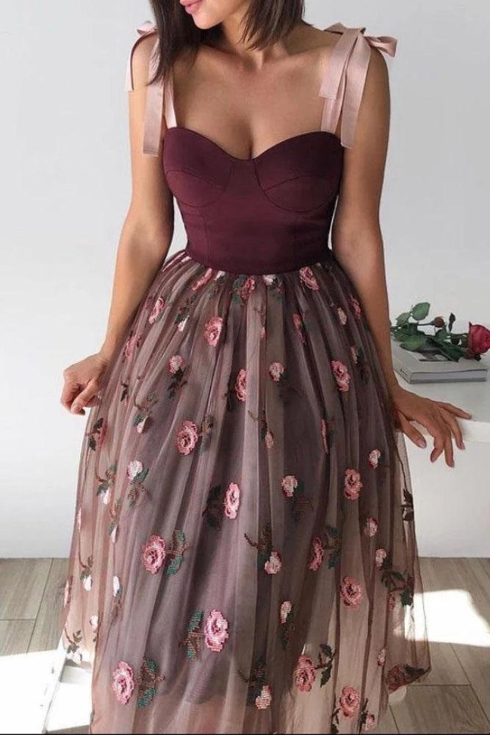 dressimeA Line Tulle Short Prom Dresses Floral Tea Length 