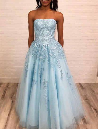 Dressime A-Line Tulle Strapless Floral Lace Prom Dress dressime