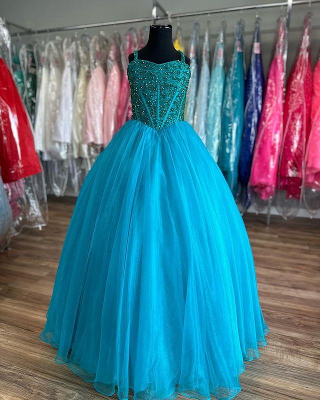 Dressime A Line Tulle Straps Detachable Short Sleeves Long Girl Pageant Dress With Beaded dressime