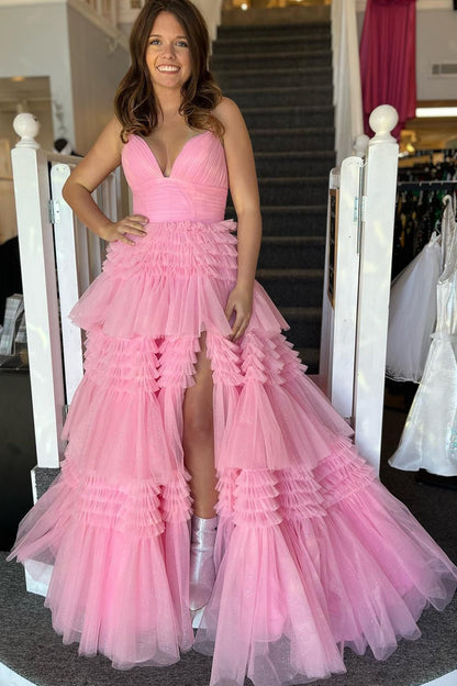 dressimeA Line Tulle Tiered Spaghetti Straps Prom Dresses Slit Evening Dresses 