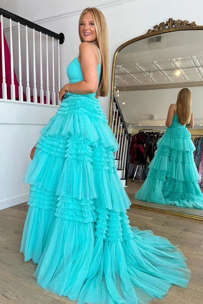 dressimeA Line Tulle Tiered Spaghetti Straps Prom Dresses Slit Evening Dresses 