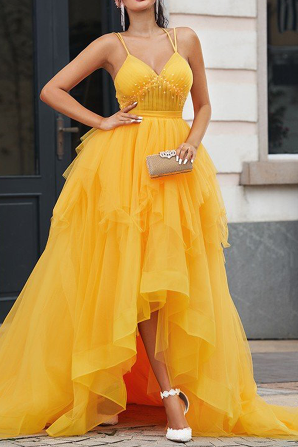 Dressime A Line Tulle V Neck High Low Prom Dress With Beads And Ruffles dressime