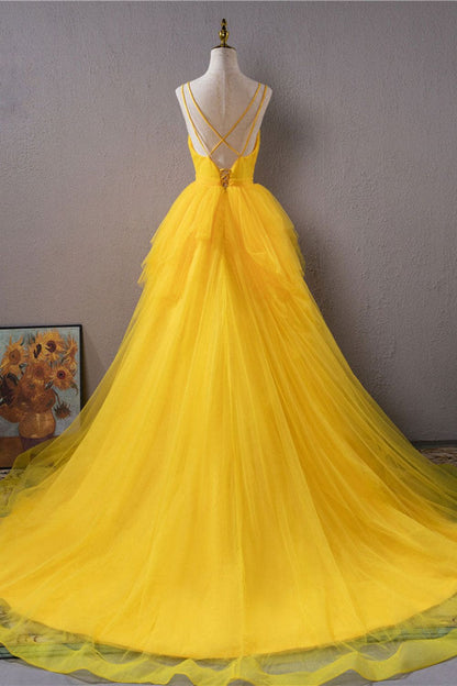 Dressime A Line Tulle V Neck High Low Prom Dress With Beads And Ruffles dressime