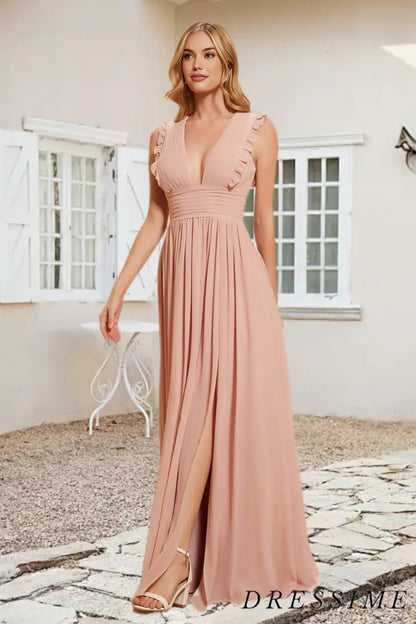 Dressime A Line V Neck Chiffon Pleated Floor Length Bridesmaid Dress With Ruffle dressime