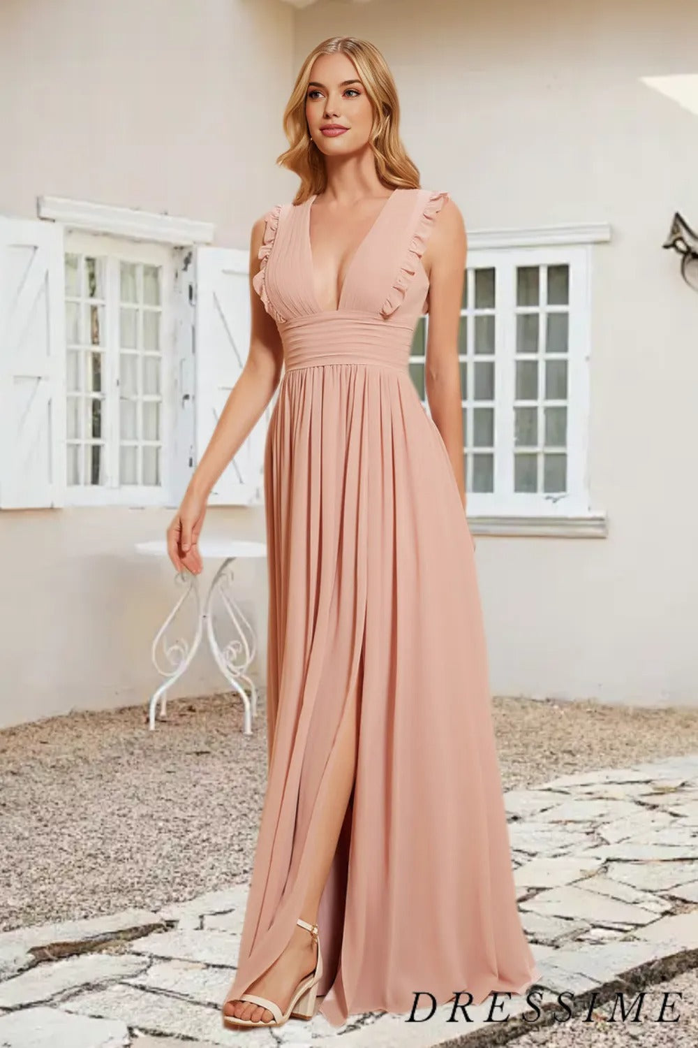 Dressime A Line V Neck Chiffon Pleated Floor Length Bridesmaid Dress With Ruffle dressime