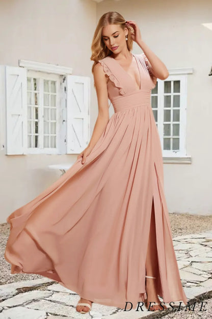 Dressime A Line V Neck Chiffon Pleated Floor Length Bridesmaid Dress With Ruffle dressime