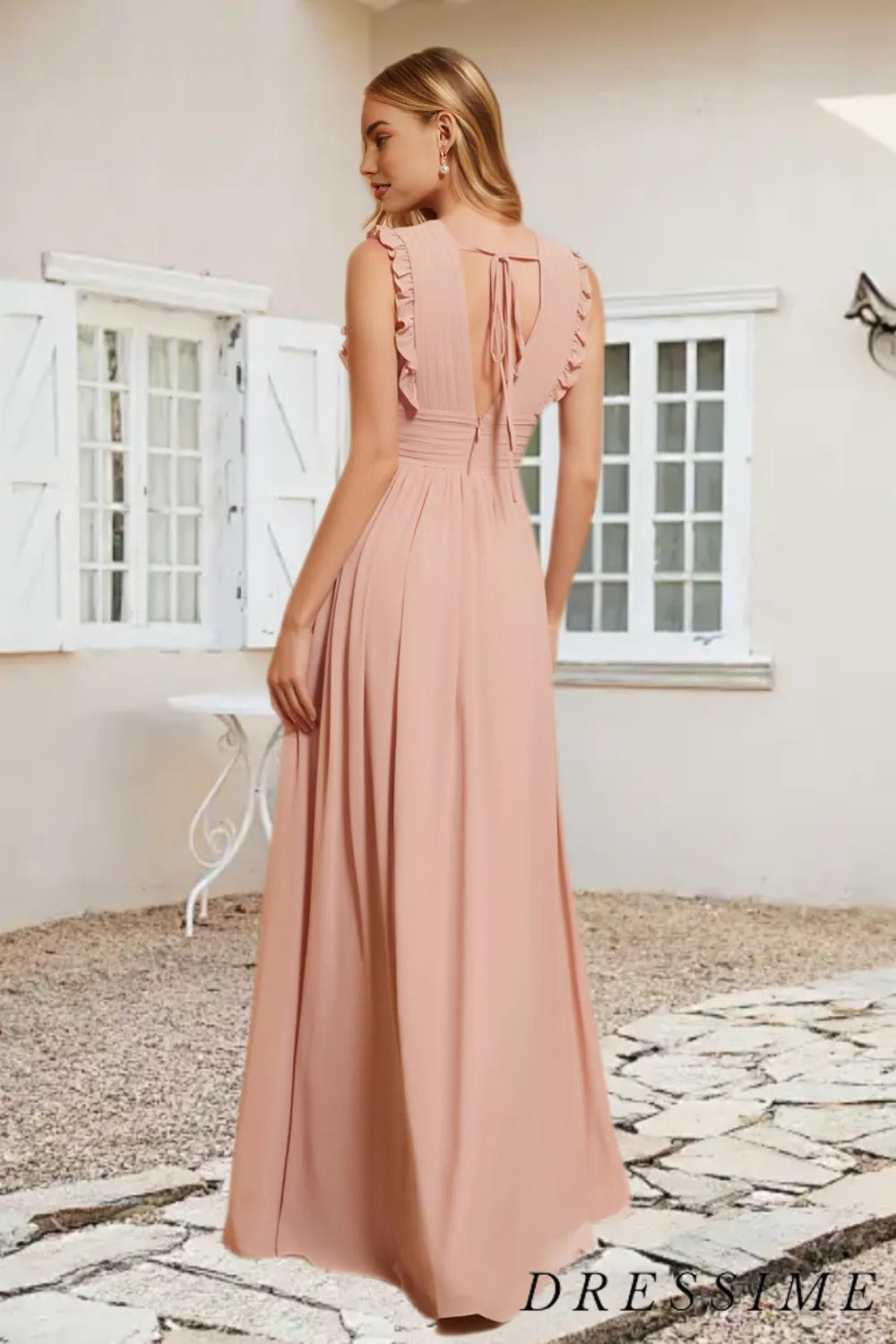 Dressime A Line V Neck Chiffon Pleated Floor Length Bridesmaid Dress With Ruffle dressime