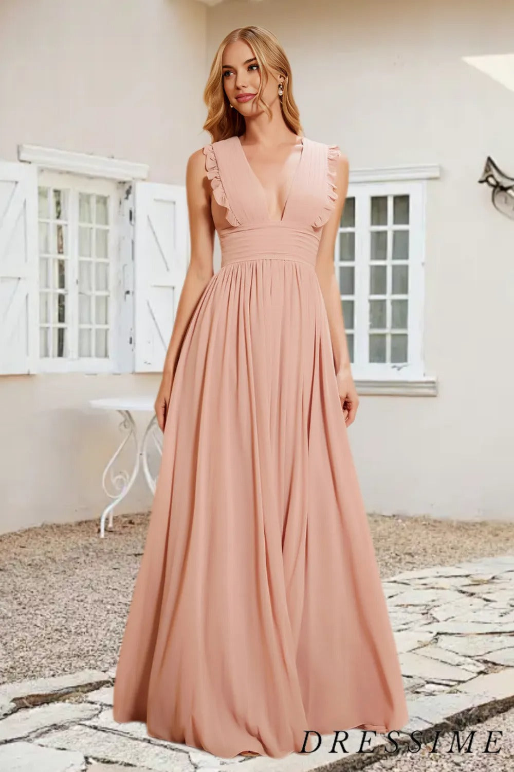 Dressime A Line V Neck Chiffon Pleated Floor Length Bridesmaid Dress With Ruffle dressime