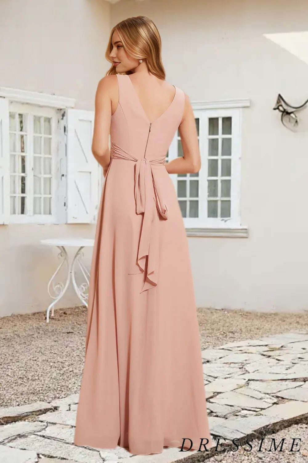 Dressime A Line V Neck Chiffon Pleated Long Bridesmaid Dress With Bow dressime