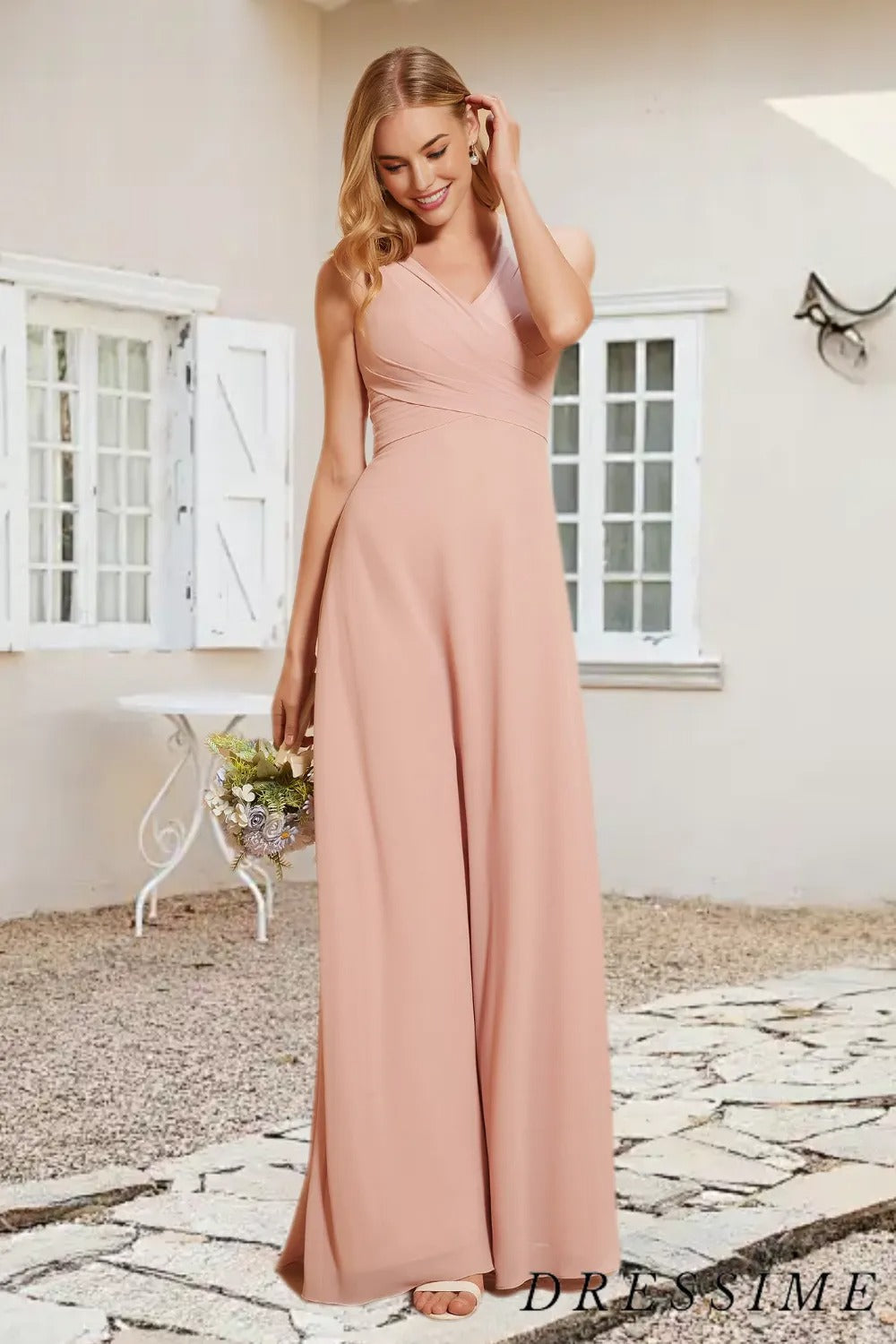 Dressime A Line V Neck Chiffon Pleated Long Bridesmaid Dress With Bow dressime