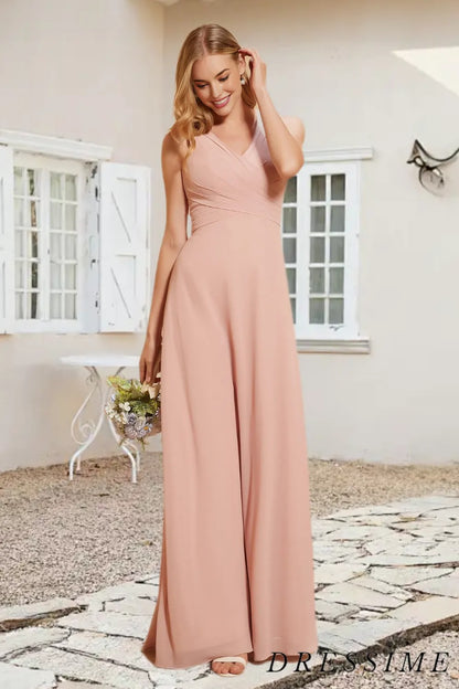 Dressime A Line V Neck Chiffon Pleated Long Bridesmaid Dress With Bow dressime